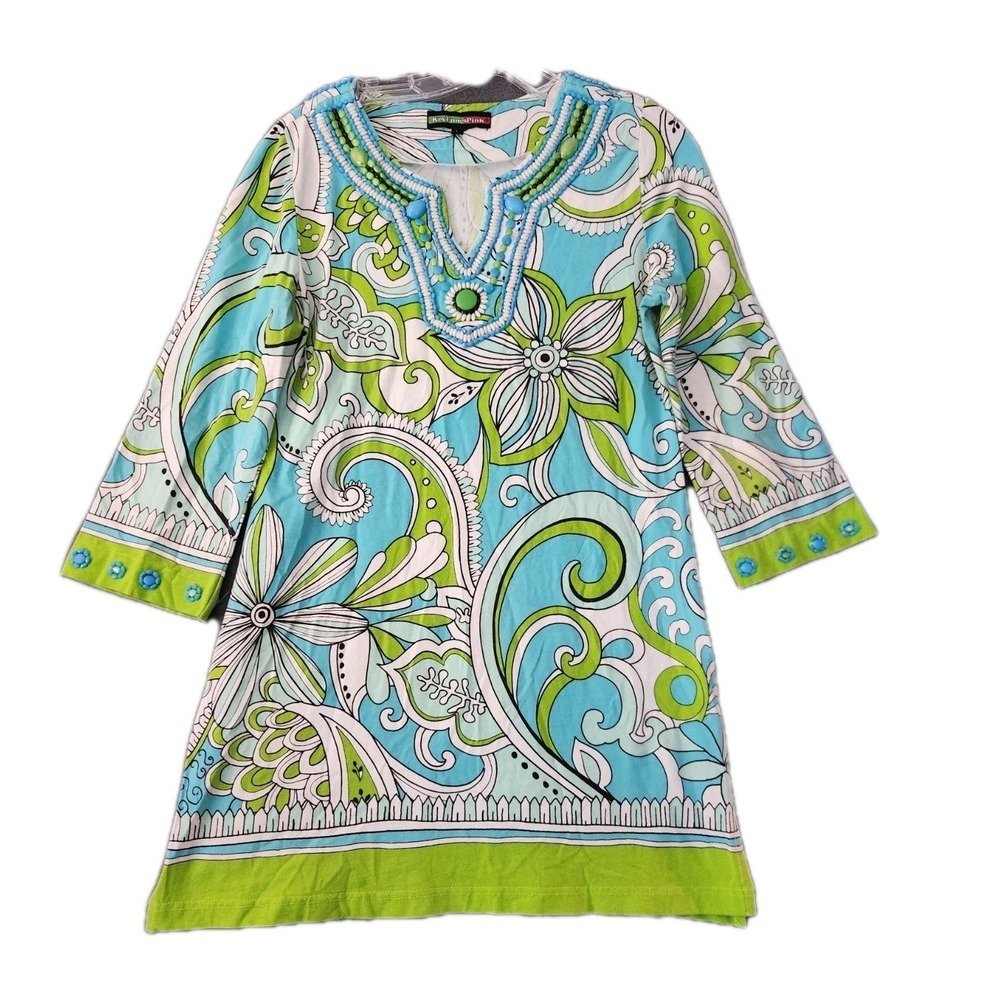 Key Lime & Pink Embelished Hippie Boho Tunic Top Dress Retro 90s Sz L 3/4 Sleeve